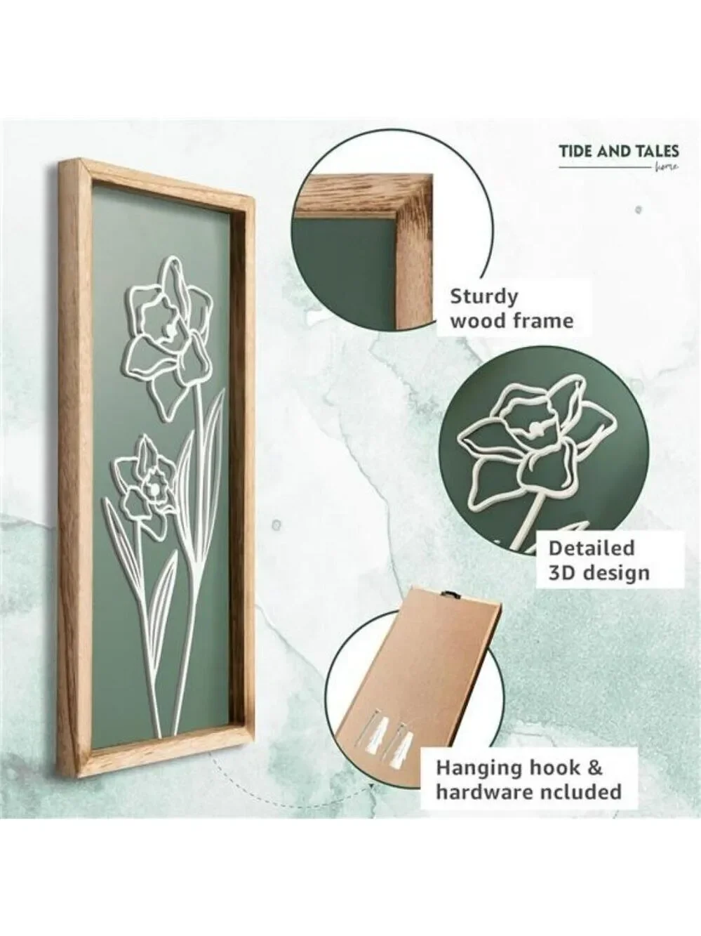 Sage Green 3D Floral Wall Art Set Boho Farmhouse Framed Decor for Bathroom
